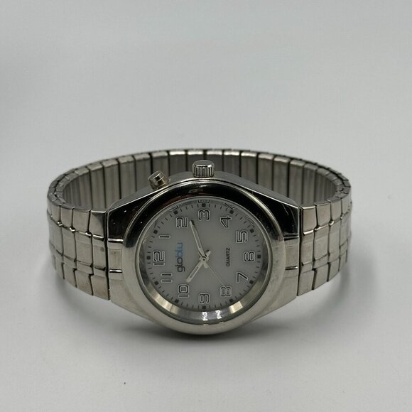 3/$30 Globlu Watch Men Silver White Dial Easy To Read Numbers Stretch Band 8" - Picture 5 of 12